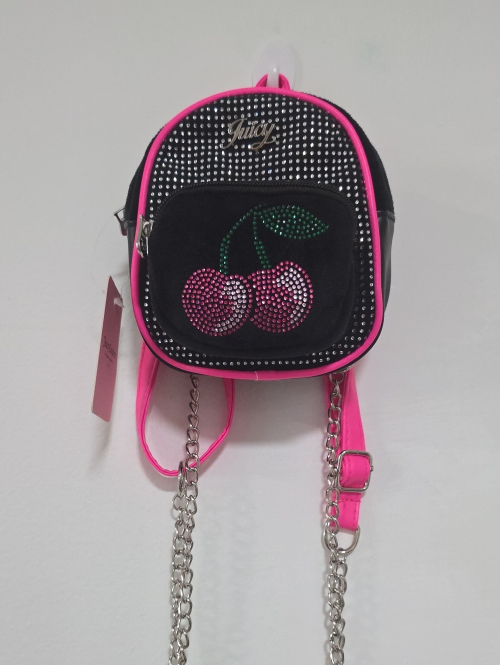 Juicy Couture Black & Hot Pink Rhinestone Cherry Mini Backpack